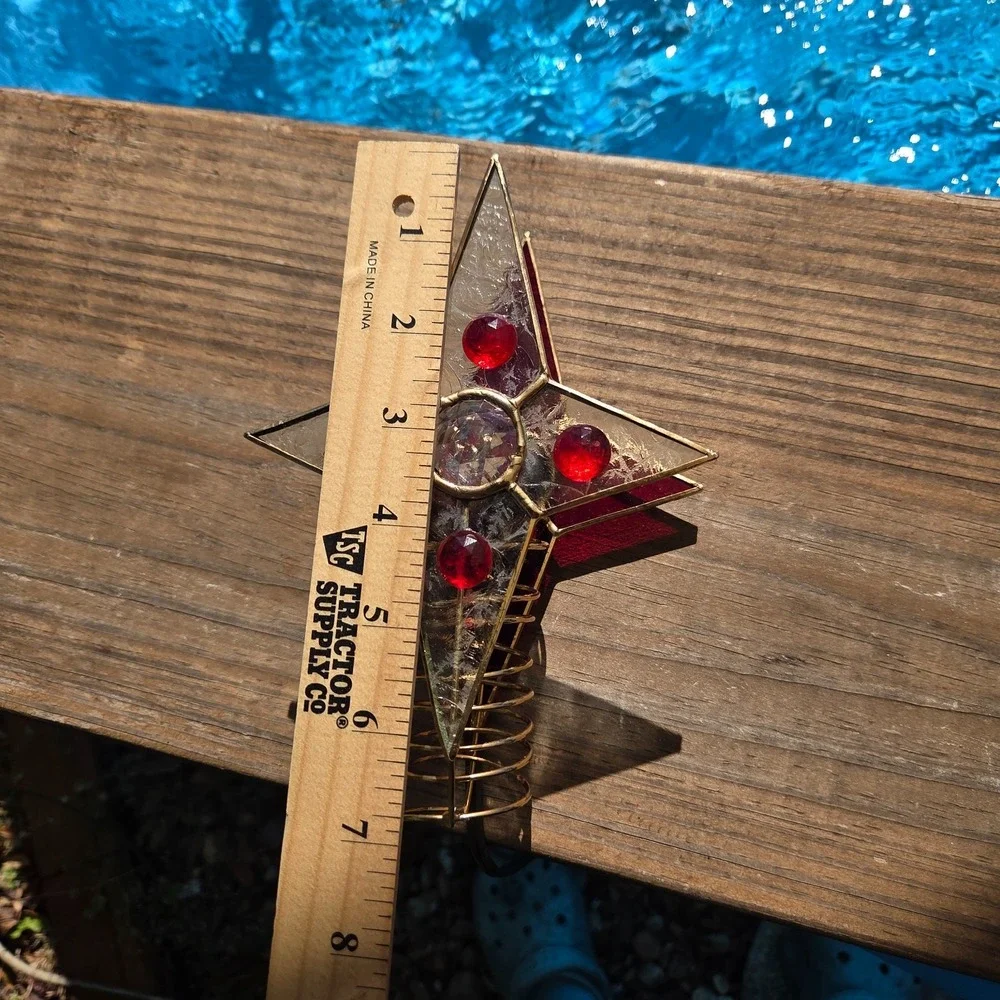 Vintage Tiffany Style‎ Stained Glass Christmas Tree Topper Lighted Red Gold